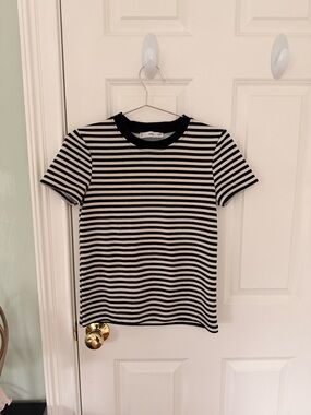 Mango Black & White Striped Short Sleeve Tee